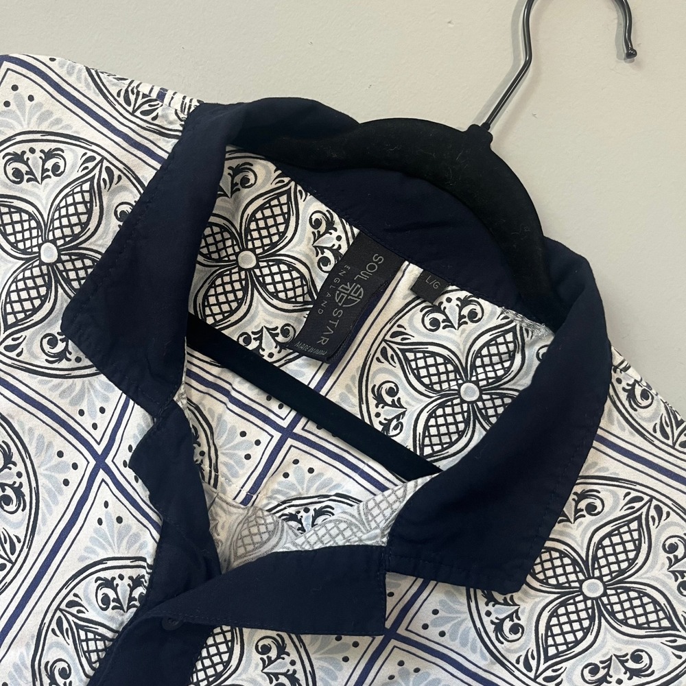 Soul Star England Mens Navy White‎ Geometric Tile Print Button Down Shirt Large